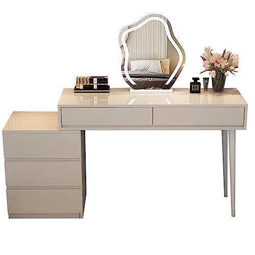 Schminktisch-Set mit LED-Beleuchtung, 119,4 cm, mit Steckdose, 5 Schubladen, Schminktisch, wendbarer Spiegel und versteckter Stauraum für Schlafzimmer, elegantes weißes Finish Schminktisch-Set mit LED-Beleuchtung, 119,4 cm, mit Steckdose, 5 Schubladen, Schminktisch, wendbarer Spiegel und versteckter Stauraum für Schlafzimmer, elegantes weißes Finish von Generisch
