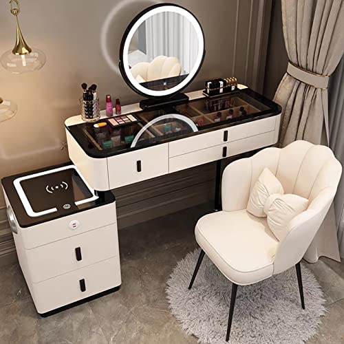Schminktisch-Set mit LED-Spiegel, verstellbarer Bluetooth-Nachttisch und gepolstertem Hocker, 5 Schubladen, kabelloses Laden, elegantes weißes Design, 99 cm von Generisch