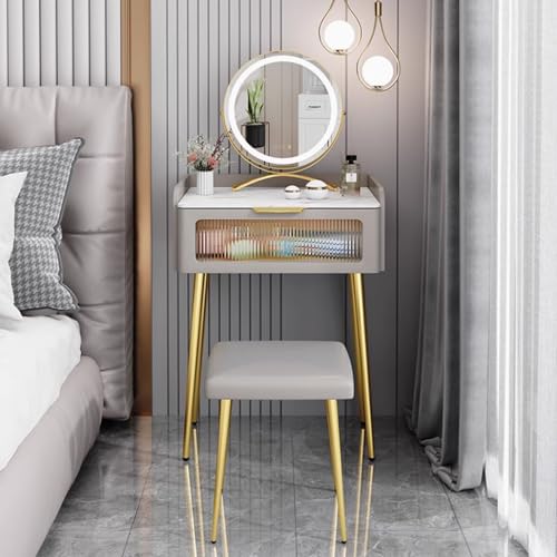 Schminktisch Set mit LED beleuchtetem Spiegel, moderner Schminktisch für Schlafzimmer mit Schubladen und Hocker, Massivholz Schminktisch für Frauen Mädchen von Generisch