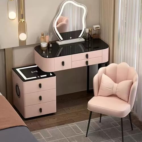 Schminktisch-Set mit beleuchtetem Spiegel, kabelloser Ladung, Aufbewahrungsschrank, Glasplatte, Metallbeinen, Hocker, 3 Modi für Frauen von Generisch