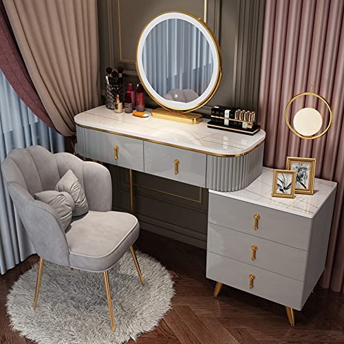 Schminktisch-Set mit dimmbarem LED-Spiegel, gepolsterter Hocker, 3-farbige Beleuchtung, stilvolles graues und goldenes Design, perfekt für Schlafzimmer und Studio, 100 cm Größe Schminktisch-Set mit dimmbarem LED-Spiegel, gepolsterter Hocker, 3-farbige Beleuchtung, stilvolles graues und goldenes Design, perfekt für Schlafzimmer und Studio, 100 cm Größe von Generisch