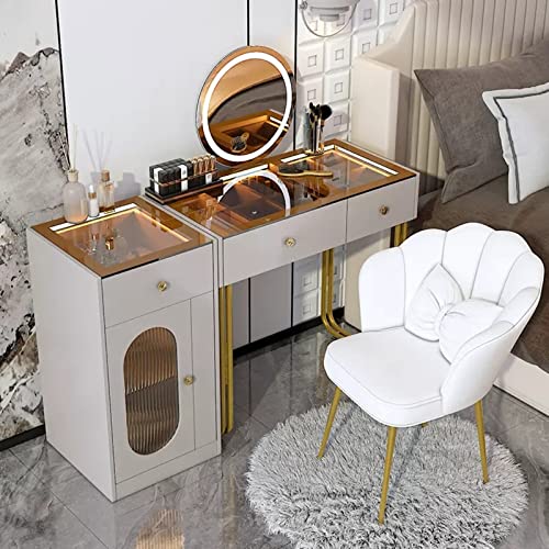 Schminktisch-Set mit großen Schubladen, Tischplatte aus gehärtetem Glas, LED-beleuchtetem Spiegel und Hocker, moderner Schminktisch mit Beistellschrank Schminktisch-Set mit großen Schubladen, Tischplatte aus gehärtetem Glas, LED-beleuchtetem Spiegel und Hocker, moderner Schminktisch mit Beistellschrank von Generisch