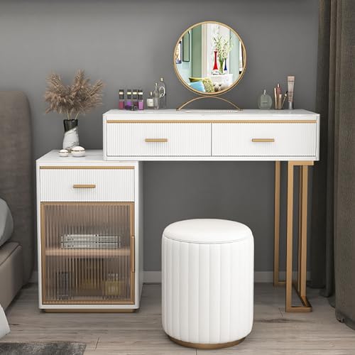 Schminktisch aus Massivholz mit Touchscreen-HD-Spiegel und 3 Schubladen, Schminktisch mit Mikrofaser-Leder umwickelte Seite für elegante Wohnkultur Schminktisch aus Massivholz mit Touchscreen-HD-Spiegel und 3 Schubladen, Schminktisch mit Mikrofaser-Leder umwickelte Seite für elegante Wohnkultur von Generisch