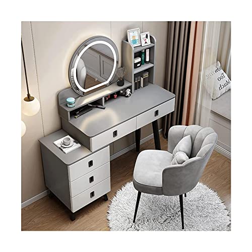 Schminktisch für Schlafzimmer, Schminktisch, Set mit Rückenlehne, Ankleideschubladen und verstellbarem Aufbewahrungsschrank, LED-Spiegel, Charming (Gris 100 cm) von Generisch