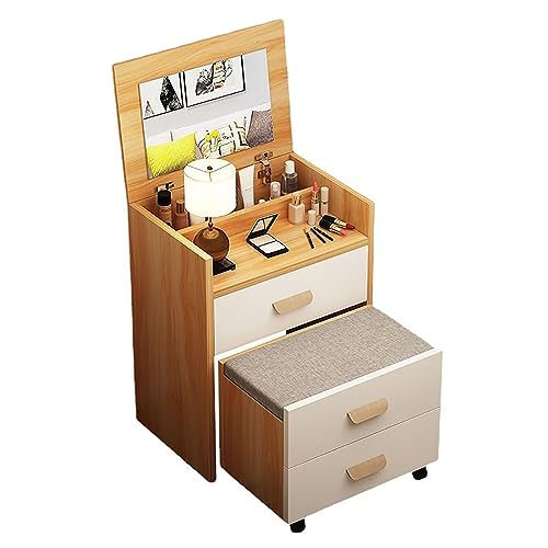 Schminktisch in Walnussholz, integriertes Design, mit wendbarem HD-Spiegel, Schubladen und Schrank, stilvoller Schlafzimmer-Schminktisch und Hocker, platzsparender Nachttisch von Generisch