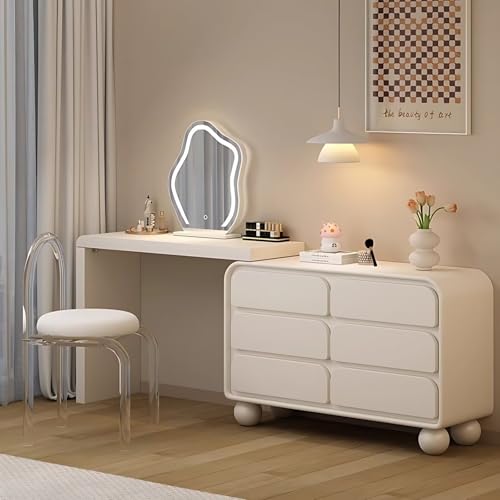 Schminktisch mit LED-Spiegel und Stuhl, modernes Massivholz-Set mit 6 Schubladen und runden Beinen für Schlafzimmer von Generisch