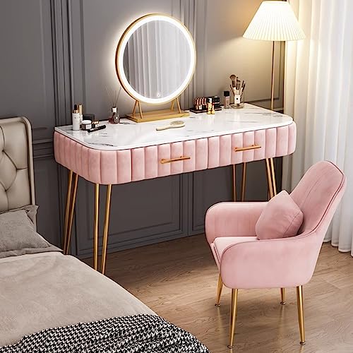 Schminktisch mit Massivholzrahmen, gesinterter Marmorplatte, Touchscreen-HD-Spiegel, 3 Helligkeitsstufen, inklusive Stuhl und 2 Schiebeschubladen von Generisch