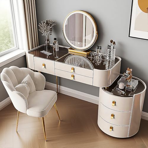 Schminktisch mit Schubladen, Frisiertisch mit LED-Spiegel mit 3-facher Farbverstellung, Kosmetiktisch mit Glasplatte und Absturzsicherung für das Schlafzimmer (Weiß, 80cm) von Generisch