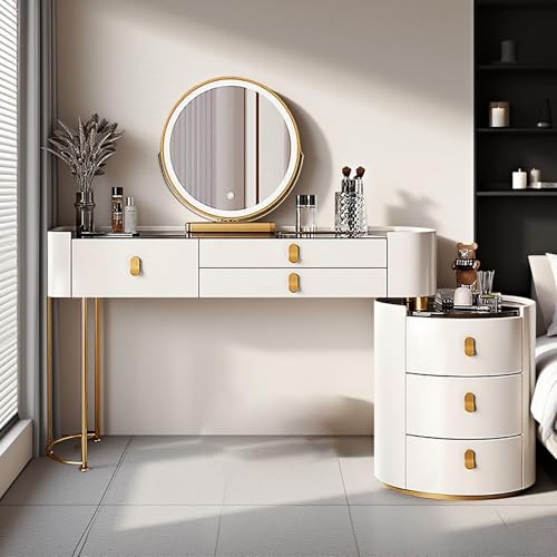 Schminktisch mit Schubladen, Frisiertisch mit Spiegel 3-farbig verstellbar, Kosmetiktisch mit Tischplatte aus gehärtetem Glas und Absturzsicherung für das Schlafzimmer (ohne Stuhl) (Weiß, 80cm) von Generisch