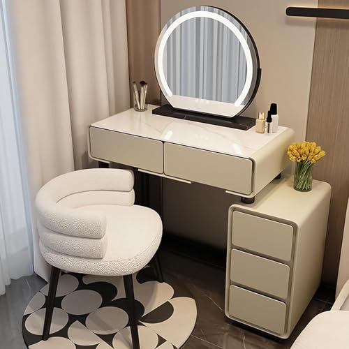 Schminktisch mit Spiegel, 3 Farben, verstellbares LED-Licht, Kommode mit gepolstertem Hocker und Schubladen, für Schlafzimmer, Beige, 59,9 cm Schminktisch mit Spiegel, 3 Farben, verstellbares LED-Licht, Kommode mit gepolstertem Hocker und Schubladen, für Schlafzimmer, Beige, 59,9 cm von Generisch