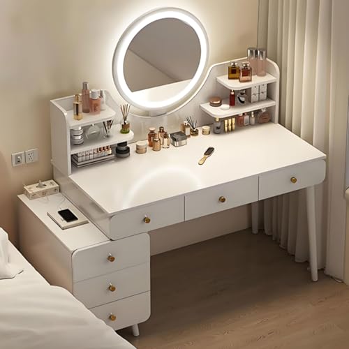 Schminktisch mit Spiegel und, Frisiertisch aus Holz mit 6 Schubladen und verstellbarem Seitenschrank, 3 Farbmodi für Schlafzimmer von Generisch
