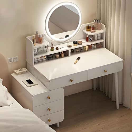 Schminktisch mit Spiegel und, Frisiertisch aus Holz mit 6 Schubladen und verstellbarem Seitenschrank, 3 Farbmodi für Schlafzimmer von Generisch
