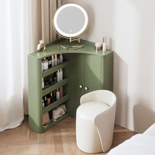 Schminktisch mit Spiegel und 3 Beleuchtungsfarben verstellbar, Eck-Schminktisch mit offenen Ablagefächern für Schlafzimmer und Wohnzimmer, kleiner Raum für Mädchen und Frauen Schminktisch mit Spiegel und 3 Beleuchtungsfarben verstellbar, Eck-Schminktisch mit offenen Ablagefächern für Schlafzimmer und Wohnzimmer, kleiner Raum für Mädchen und Frauen von Generisch