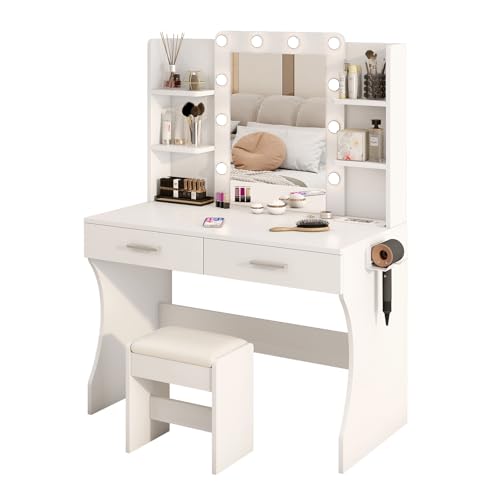 Schminktisch mit Spiegel und Lichtern, 3 Beleuchtungsmodi, einstellbare Helligkeit, Steckdose und 2 USB-Anschlüsse, offenes Regal, Schminktisch für Mädchenzimmer, Schminktisch mit Spiegel und Lichtern, 3 Beleuchtungsmodi, einstellbare Helligkeit, Steckdose und 2 USB-Anschlüsse, offenes Regal, Schminktisch für Mädchenzimmer, von Generisch