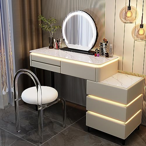 Schminktisch mit Spiegel und Lichtern, Schminktisch aus Holz mit 6 großen Schubladen und gepolstertem Hocker, Heimmöbel-Set für Schlafzimmer Schminktisch mit Spiegel und Lichtern, Schminktisch aus Holz mit 6 großen Schubladen und gepolstertem Hocker, Heimmöbel-Set für Schlafzimmer von Generisch