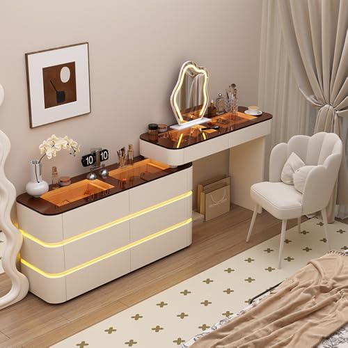 Schminktisch mit Spiegel und Lichtern, Schminktisch aus Massivholz mit Tischplatte aus gehärtetem Glas, für Schlafzimmer von Generisch
