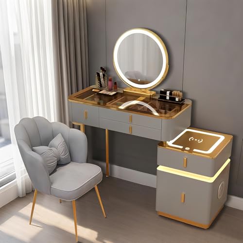 Schminktisch mit Spiegel und Stuhl, Holz, 80 cm/100 cm, Schminktisch mit Glasplatte, Schminktisch mit Schubladen, Schminktisch, Set, Schlafzimmer, Kommode mit Lichtern (Grau + Braune Oberseite, 100 cm Schminktisch mit Spiegel und Stuhl, Holz, 80 cm/100 cm, Schminktisch mit Glasplatte, Schminktisch mit Schubladen, Schminktisch, Set, Schlafzimmer, Kommode mit Lichtern (Grau + Braune Oberseite, 100 cm von Generisch