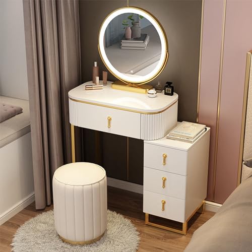 Schminktisch mit Spiegelleuchten, 4 Schubladen, stilvolles Schminktisch-Set mit gepolstertem Hocker für Frauen- und Mädchenzimmer Schminktisch mit Spiegelleuchten, 4 Schubladen, stilvolles Schminktisch-Set mit gepolstertem Hocker für Frauen- und Mädchenzimmer von Generisch