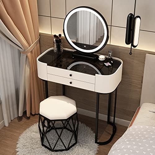 Schminktisch mit beleuchtetem Spiegel und 3 Farbbeleuchtungsmodi, einstellbare Helligkeit, 2 große Schubladen, schwarze Tischplatte aus gehärtetem Glas, ideal für Schlafzimmer oder Studio, Weiß von Generisch