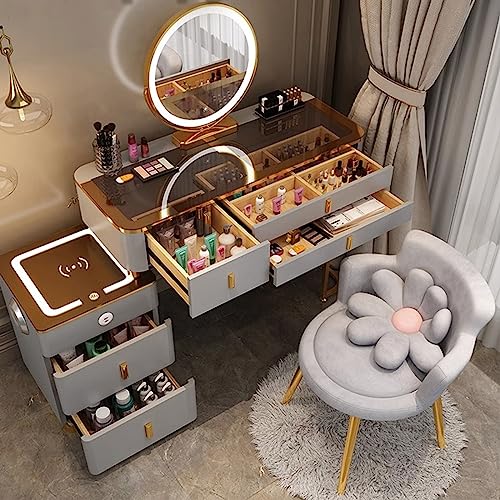 Schminktisch mit kabellosem Laden und Bluetooth-Lautsprecher, inklusive LED-Spiegel und gepolstertem Hocker für ultimative Beauty-Setup Schminktisch mit kabellosem Laden und Bluetooth-Lautsprecher, inklusive LED-Spiegel und gepolstertem Hocker für ultimative Beauty-Setup von Generisch