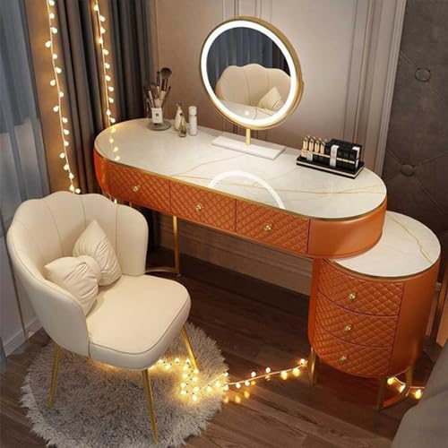 Schminktisch mit verstellbarem 3-farbigen Spiegel, 5–6 Schubladen und einziehbarem Design, ideal für Schlafzimmer oder Badezimmer, inklusive orangefarbenem Blütenblatt-Stuhl, 80 cm von Generisch