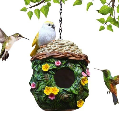 Schönes Vogelhaus – robuster Unterschlupf für den Außenbereich, Holznest im Landhausstil mit Harzblättern und Blumen | Distressed Nistkasten für Wildvogelbeobachtung, farbenfroher hängender von Generisch