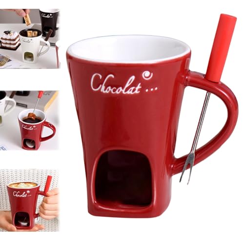 Schokofondue Tasse,Becher zum Schmelzen von Schokolade,Keramik Schokoladenfondue Tasse,Mehrzweck Chocolate Fondue Set mit Gabel und Teelicht,geeignet für Käse,Schokolade,Butter und Karamell (Rot) von Generisch