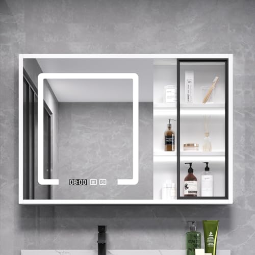Schrank mit Spiegel und Licht, Wandmontage, Anti-Beschlag-Design, LED-Hintergrundbeleuchtung, Glastür, Badezimmeraufbewahrung mit Zeitanzeige Schrank mit Spiegel und Licht, Wandmontage, Anti-Beschlag-Design, LED-Hintergrundbeleuchtung, Glastür, Badezimmeraufbewahrung mit Zeitanzeige von Generisch