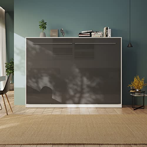 Schrankbett 140x200 cm Horizontal Weiß/Anthrazit Hochglanzfront mit Gasdruckfedern, Wandbett, ideal geeignet als Wandklappbett fürs Gästezimmer, Büro, Wohnzimmer, Schlafzimmer von Generisch