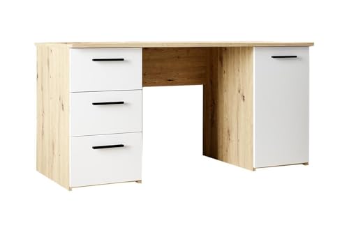 Schreibtisch - 138 x 60 cm - 1 Tür - 3 Schubladen - Artisan Eiche Dekor - Weiß matt Schreibtisch - 138 x 60 cm - 1 Tür - 3 Schubladen - Artisan Eiche Dekor - Weiß matt von Generisch