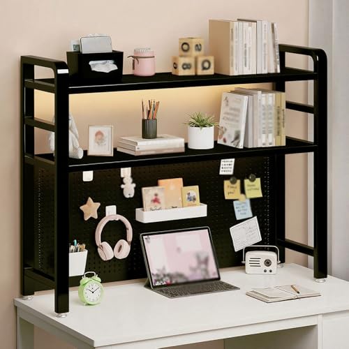 Schreibtisch Regal Metall, Bücherregal Organizer Schreibtisch Für Computertisch, 2-stöckige Schreibtischregale Aufsatzregal Mit Stecktafel Für Büro(Black,95x20x98cm) von Generisch
