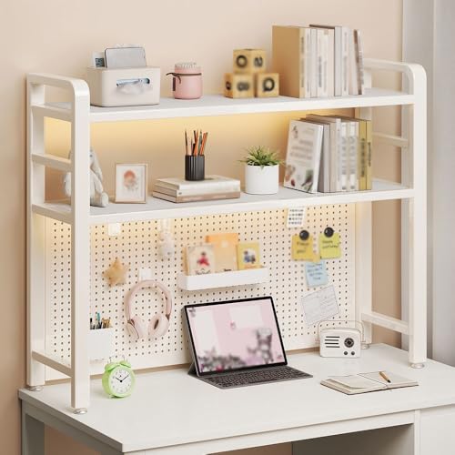 Schreibtisch Regal Metall, Bücherregal Organizer Schreibtisch Für Computertisch, 2-stöckige Schreibtischregale Aufsatzregal Mit Stecktafel Für Büro(White,135x20x98cm) von Generisch