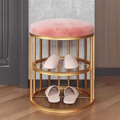 Schuhbank Eingangshocker mit Schuhaufbewahrung, kompakter goldfarbener Metallrahmen mit rosa Kissen, kleiner Raum-Organizer, stilvolle niedrige Bank für den Flur Schuhbank Eingangshocker mit Schuhaufbewahrung, kompakter goldfarbener Metallrahmen mit rosa Kissen, kleiner Raum-Organizer, stilvolle niedrige Bank für den Flur von Generisch
