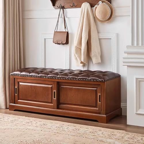 Schuhbank aus Massivholz mit Lederkissen, Landhausstil, Eingangs-Organizer mit Schiebetüren für Flur, Wohnzimmer Schuhbank aus Massivholz mit Lederkissen, Landhausstil, Eingangs-Organizer mit Schiebetüren für Flur, Wohnzimmer von Generisch
