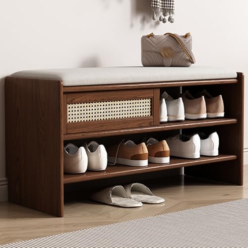 Schuhbank aus Massivholz mit Rattantür, Schuhregal mit Ledersitz, Eingangsbank für Schlafzimmer und Wohnzimmer von Generisch