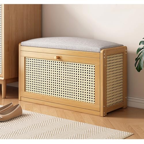 Schuhbank aus Natur-Rattan, mit verstellbarem Regal, Holz-Eingangsbereich, Aufbewahrungsbank und Leinenkissen, stilvolle Sitzbank für Flur und Schlafzimmer (70 x 24 x 44 cm) von Generisch