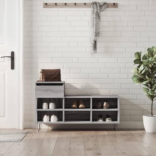 Schuhbank mit 2 Ebenen, mit Schubladen, offene Regale, freistehende Möbel, Metallfüße, Eingangsbereich, graue Eichenbeine von Generisch