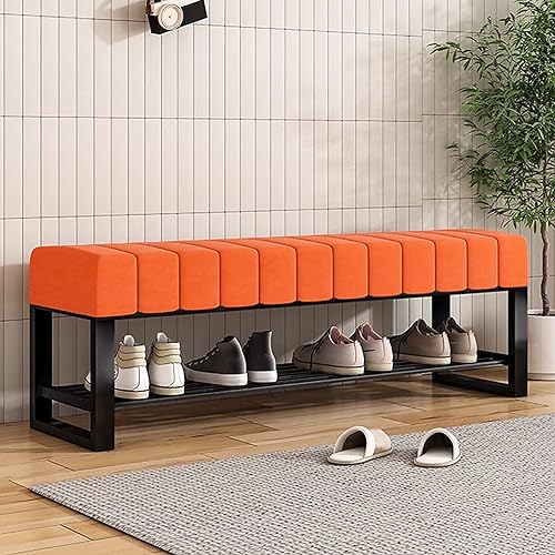 Schuhbank mit gepolstertem Sitz, Samtoberfläche und schwarzem Metallrahmen für Eingangsbereich oder Schlafzimmer, 2-stöckiges Regal und Ottomane Schuhbank mit gepolstertem Sitz, Samtoberfläche und schwarzem Metallrahmen für Eingangsbereich oder Schlafzimmer, 2-stöckiges Regal und Ottomane von Generisch