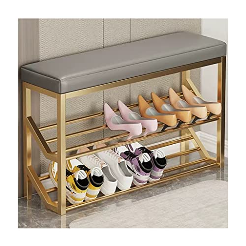 Schuhregal Aufbewahrungsbank – 2-stöckiger Eingangs-Organizer mit Metallregalen – Industrie-Stil mit Sitzfläche – Gold-Beige-Finish von Generisch