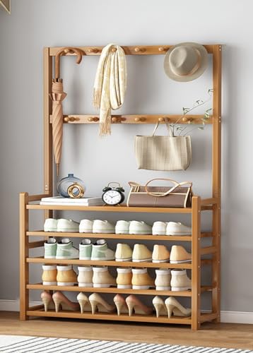 Schuhregal aus Bambus mit Kleiderbügel, freistehende Garderobe, Schuhständer Organizer mit Haken, 3-in-1-Design, Garderobenleiste mit Schuhregal für Flur, Eingangsbereich von Generisch