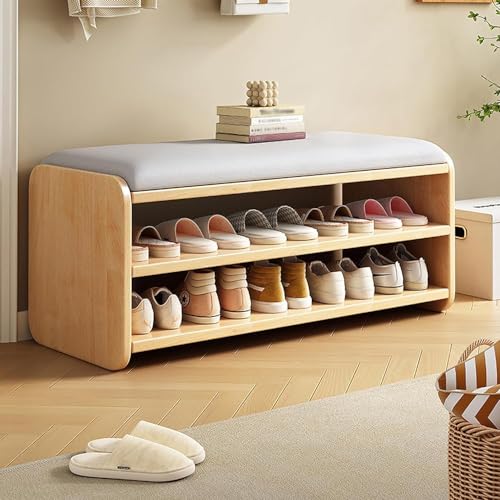 Schuhregal aus Holz, 2-stöckig, mit gepolstertem Leinensitz, Schuhschrank für Flur und Wohnzimmer (60 x 30 x 45 cm) von Generisch