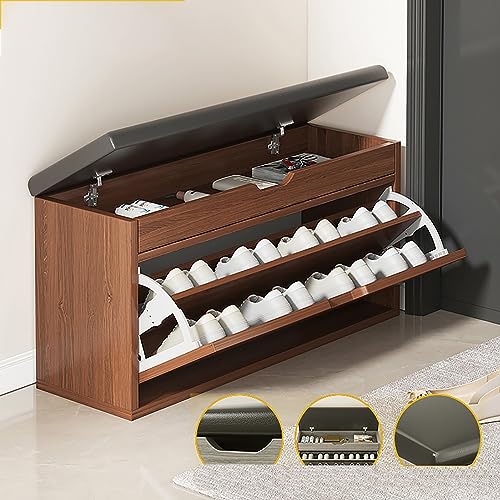 Schuhregal aus Holz mit Sitz und Klapptüren, freistehend, Schuhaufbewahrung für Zuhause, schmaler Schuhschrank mit Regalen, Eichenfarbe, Größe: [wird bestimmt werden] von Generisch