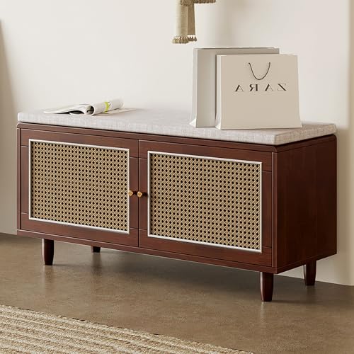 Schuhregal aus Walnussholz, Massivholz, Bank mit Kissen, Rattan-Haustür, goldfarbene Griffe, abnehmbarer Stauraum, Ottomane für den Eingangsbereich, 80 cm Schuhregal aus Walnussholz, Massivholz, Bank mit Kissen, Rattan-Haustür, goldfarbene Griffe, abnehmbarer Stauraum, Ottomane für den Eingangsbereich, 80 cm von Generisch