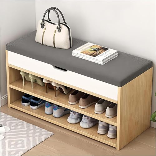 Schuhregal mit 2 Ebenen, mit versteckter Schublade und gepolstertem Sitz, platzsparender Eingangs-Organizer für Flur und Badezimmer Schuhregal mit 2 Ebenen, mit versteckter Schublade und gepolstertem Sitz, platzsparender Eingangs-Organizer für Flur und Badezimmer von Generisch