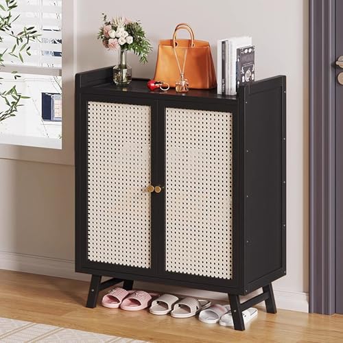 Schuhschrank aus Holz für den Eingangsbereich, 5-stöckiges/7-stöckiges Schuhregal, Organizer-Schrank mit Rattantüren, für Turnschuhe, Lederschuhe, Absätze, Hausschuhe von Generisch