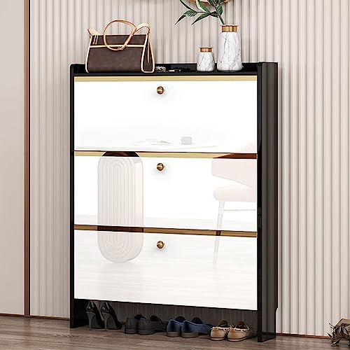 Schuhschrank aus Holz mit 3 Klappschubladen & verstellbarem Regal, freistehendes Schuhregal für Eingangsbereich, Schlafzimmer, Flur, Wohnzimmer, stilvolle schwarz-weiße Schuhaufbewahrungslösung Schuhschrank aus Holz mit 3 Klappschubladen & verstellbarem Regal, freistehendes Schuhregal für Eingangsbereich, Schlafzimmer, Flur, Wohnzimmer, stilvolle schwarz-weiße Schuhaufbewahrungslösung von Generisch