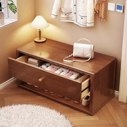 Schuhschrank aus Massivholz, mehrfarbig, Eingangsbank mit Stauraum, Hocker mit Schublade und offenem Regal, 60 cm, Walnussholz, Eingangsmöbel von Generisch