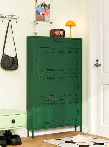 Schuhschrank aus Stahl mit 3 Klappen, freistehender schmaler Schuhschrank mit verstecktem Stauraum oben, Schuhregal-Organizer for Schrank, Eingangsbereich, Tür, Wohnzimmer(Green,65.5x15x129cm) von Generisch