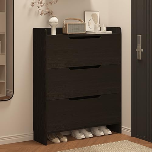 Schuhschrank mit 3 Klappschubladen, modern, schmal, vertikal für Eingangsbereich und Flur, Schuhregal aus Holz (schwarz, 90 x 24 cm) von Generisch