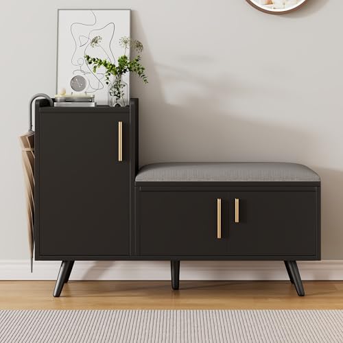 Schuhtruhe,Schuhbank mit Sitzfläche,mit 3 Stauraumtüren.Mehreren Ebenen zur Aufbewahrung,mit Asymmetrischen Metallgriffen.für Flur, Wohnzimmer und Schlafzimmer,100×34×69cm,Schwarz. Schuhtruhe,Schuhbank mit Sitzfläche,mit 3 Stauraumtüren.Mehreren Ebenen zur Aufbewahrung,mit Asymmetrischen Metallgriffen.für Flur, Wohnzimmer und Schlafzimmer,100×34×69cm,Schwarz. von Generisch